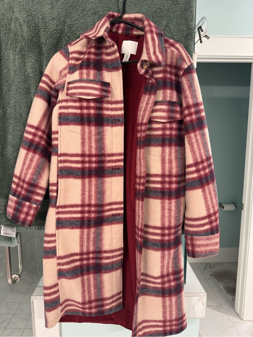 H&M Pink Plaid Wool-Blend Long Coat